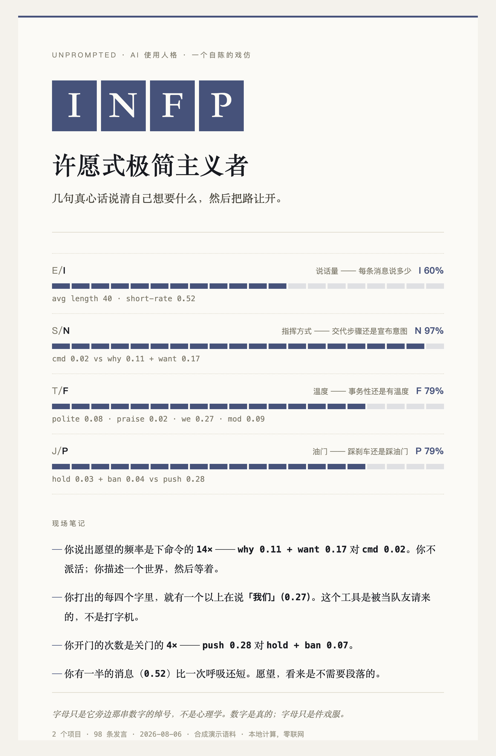 人格卡示例：INFP 许愿式极简主义者，四条轴与钉在数字上的现场笔记